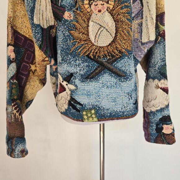 Rare Vintage Nativity Tapestry Jacket Cropped Painted Pony Art To Wear Small - Picture 9 of 15